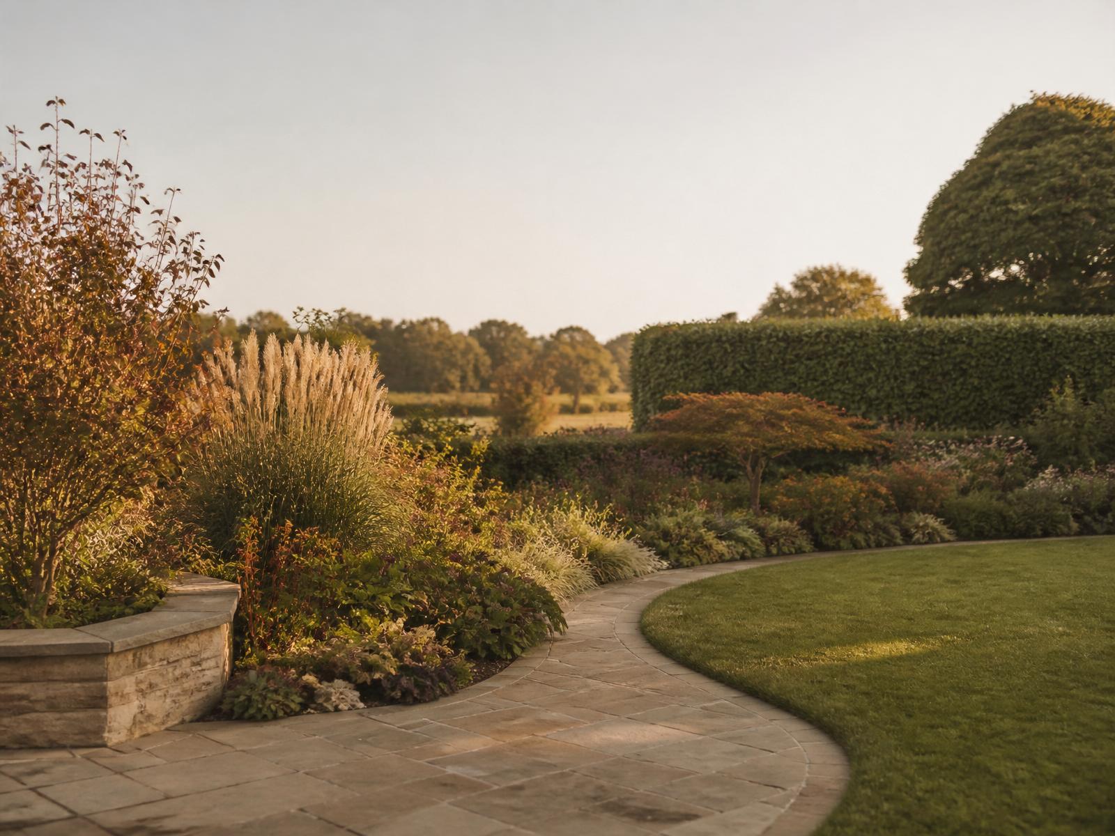 A finished garden project with a reclaimed stone patio and soft planting